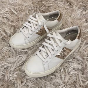 Tory Burch Carter white gold sequins lace up fashion leather sneakers size 9.5